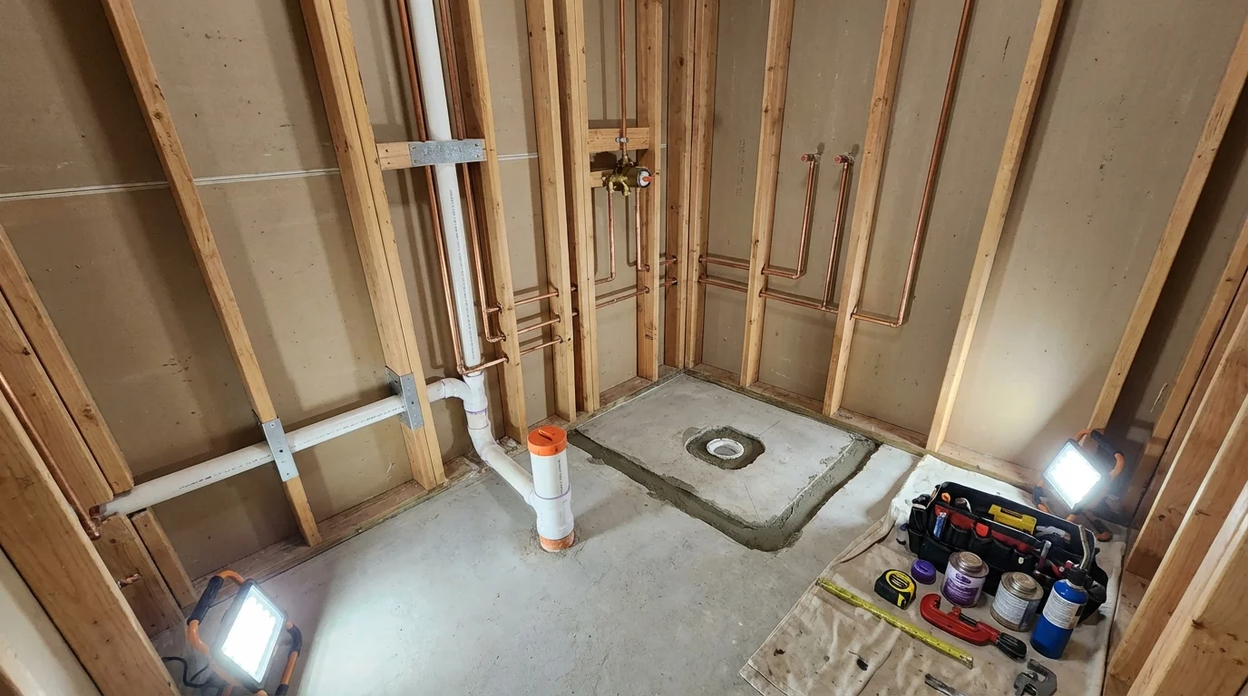 Bathroom rough-in plumbing during remodel by Johns Plumbing LLC in Calumet City