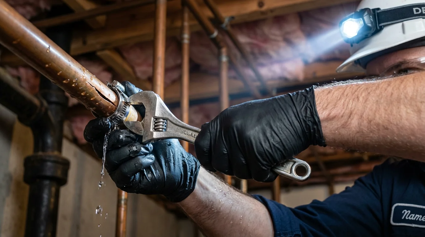 Emergency pipe clamp repair being performed by a Johns Plumbing LLC plumber in Calumet City