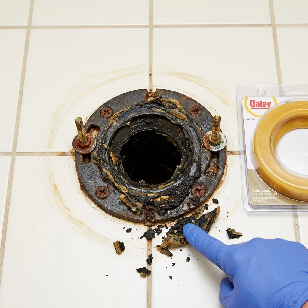 Failed wax ring showing water seepage at the base of a toilet in a Calumet City, IL home