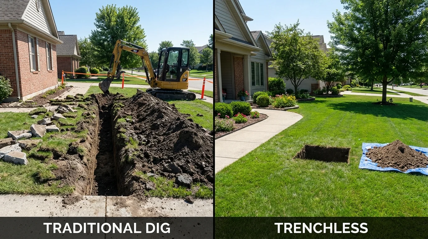 Trenchless sewer repair with minimal yard damage versus traditional excavation in Calumet City, IL