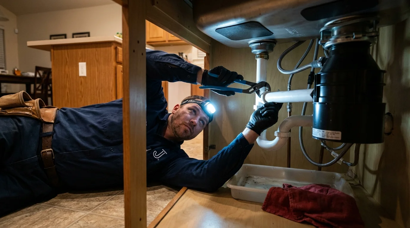 P-trap and supply line connections under a kitchen sink showing a common leak point in Calumet City, IL